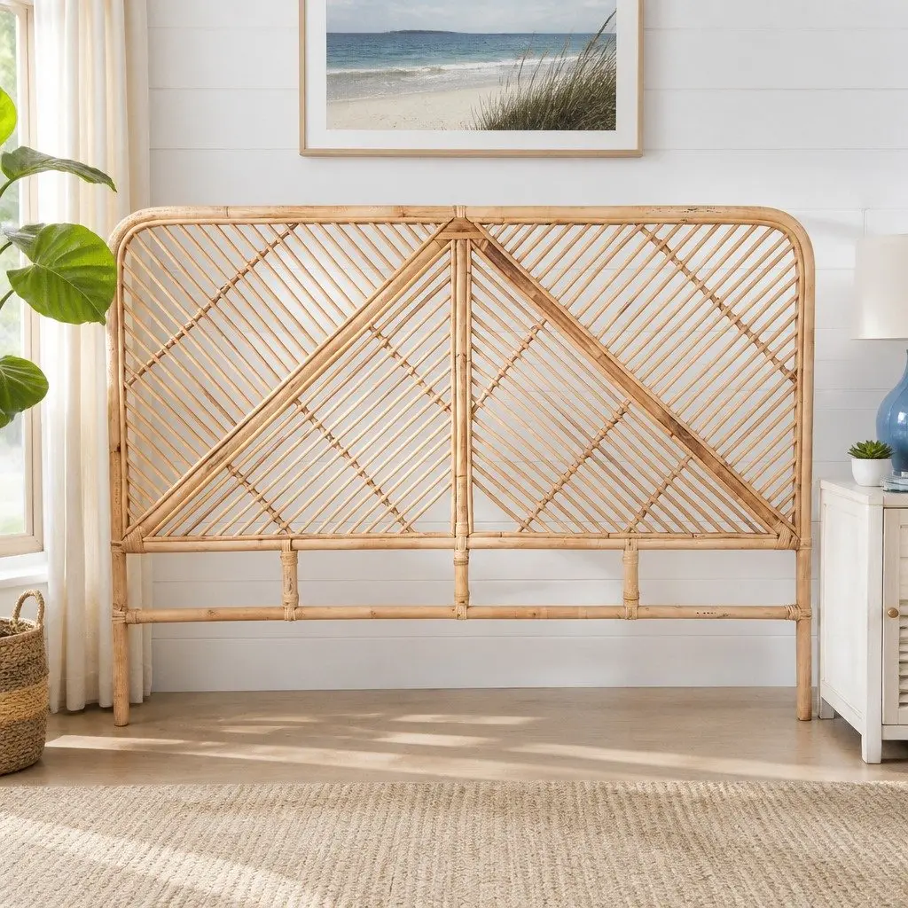 Queen Headboard Rattan Pine Natural Round Edge Rustic Boho