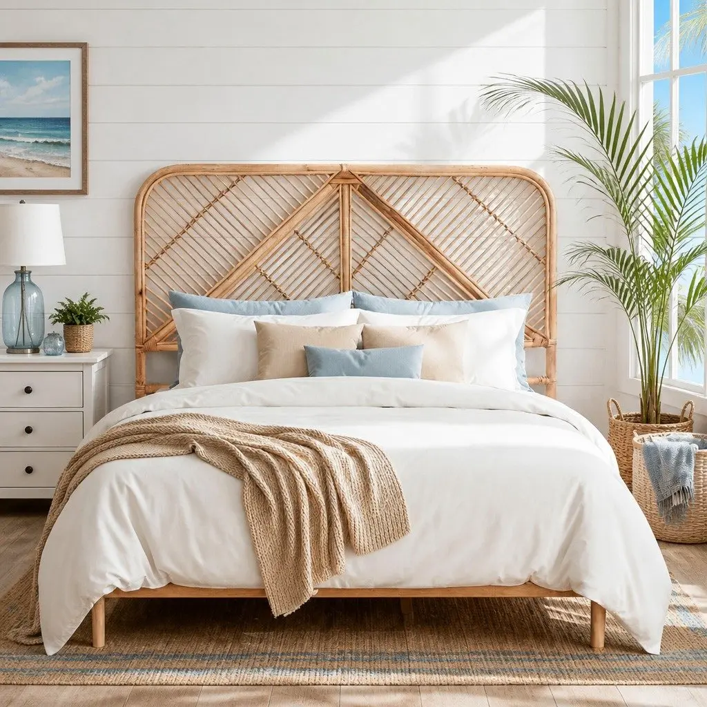 Queen Headboard Rattan Pine Natural Round Edge Rustic Boho