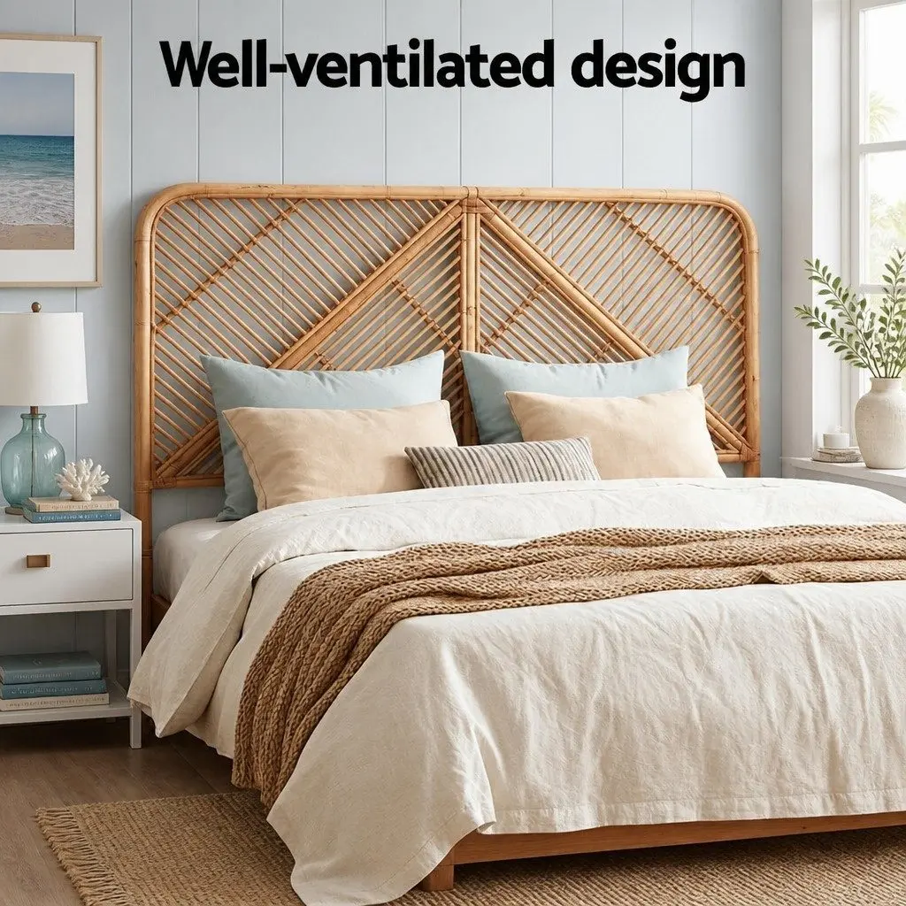 Queen Headboard Rattan Pine Natural Round Edge Rustic Boho
