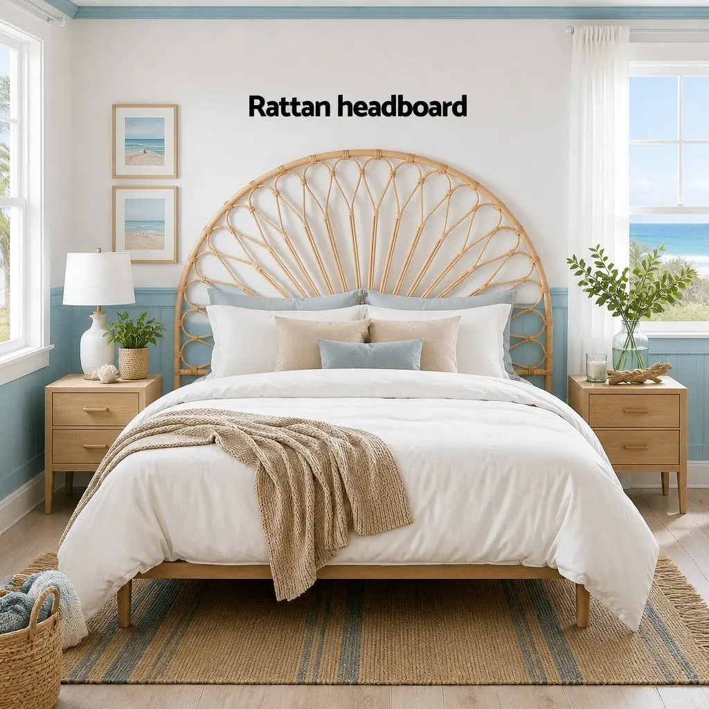 Queen Bed Headboard Rattan Natural Bedroom Furniture Easy Assembly No Install