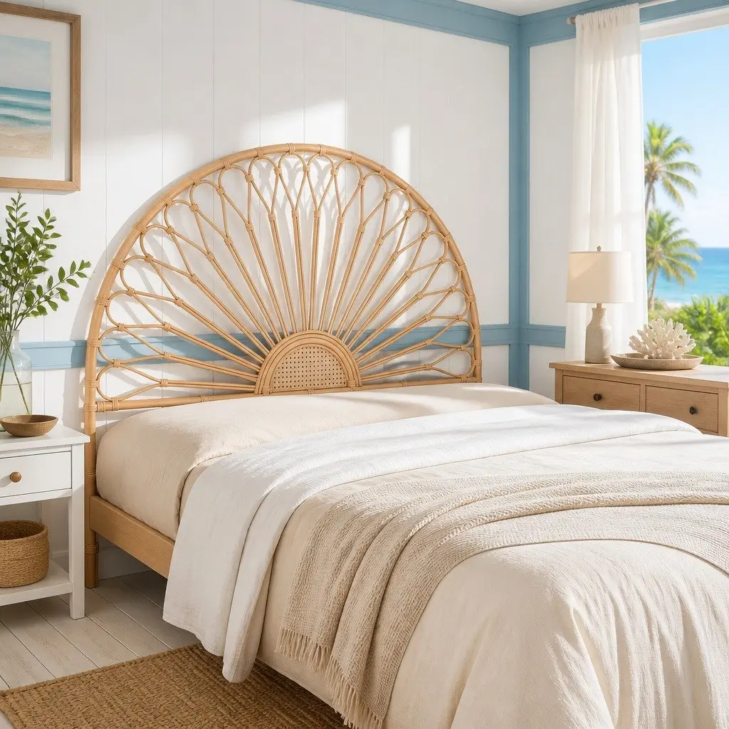 Queen Bed Headboard Rattan Natural Bedroom Furniture Easy Assembly No Install