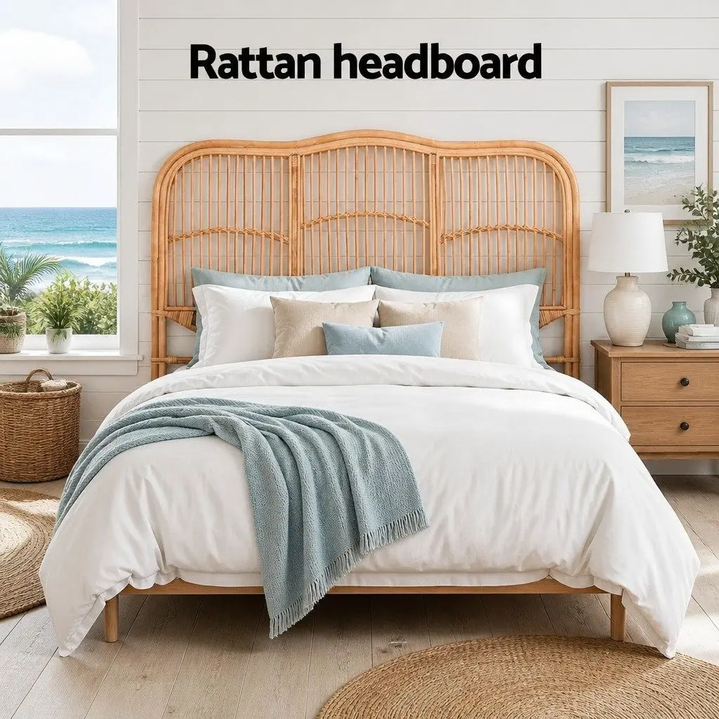 Double Bed Headboard Natural Pine Rattan Easy Assemble