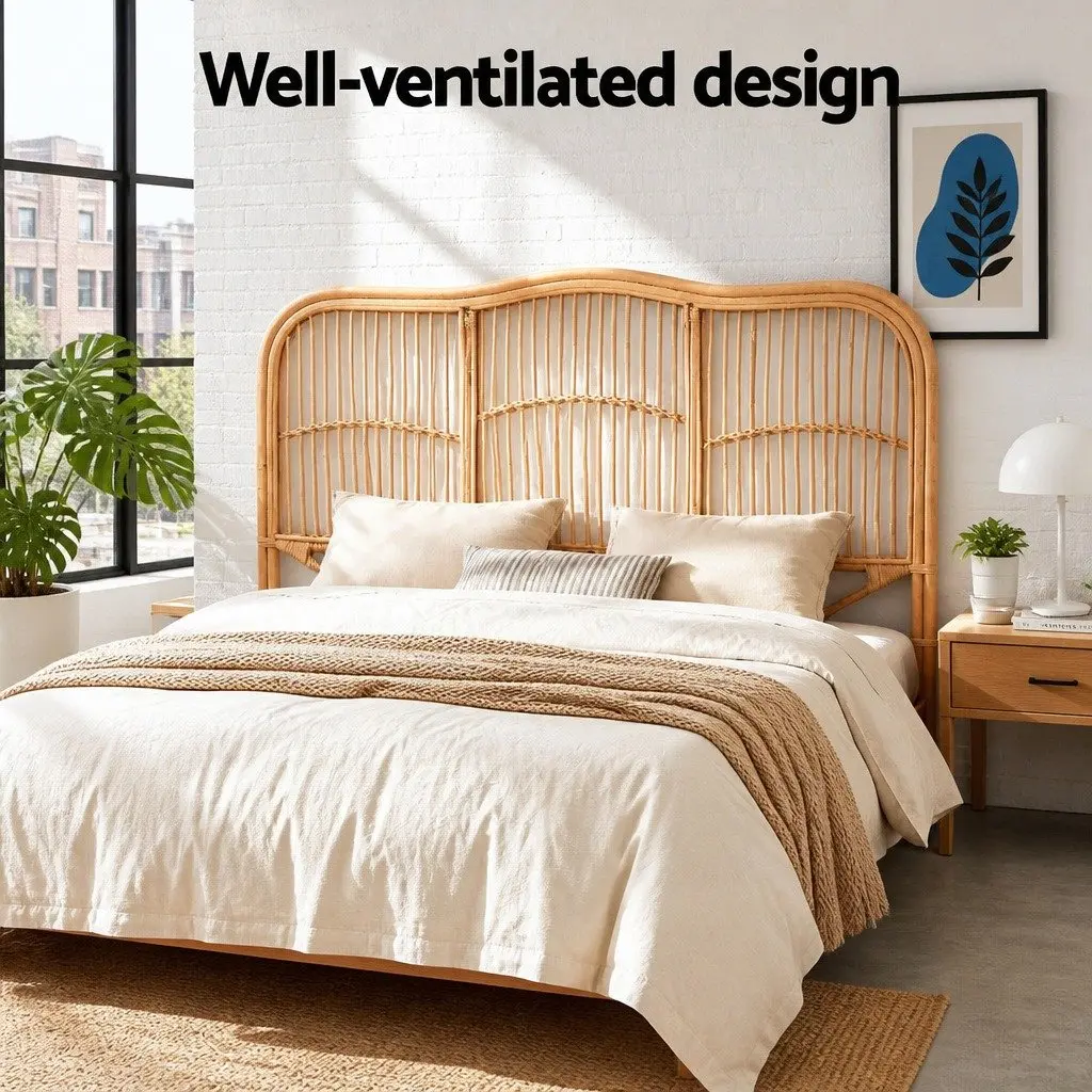 Queen Bed Headboard Rattan Natural Pine Bedroom Head Board Easy Assembly