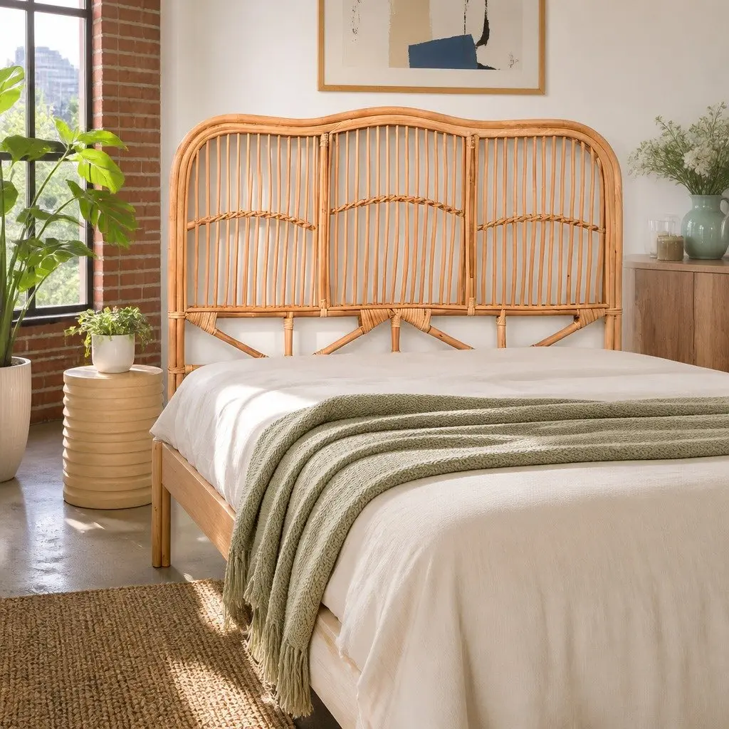 Queen Bed Headboard Rattan Natural Pine Bedroom Head Board Easy Assembly