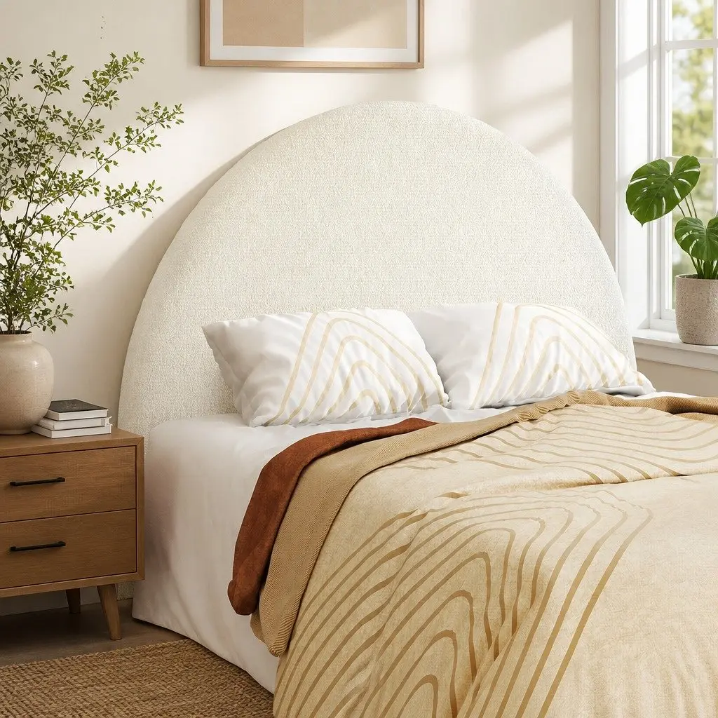 Double Bed Head Headboard White Arch Shape Boucle Fabric Bedroom Furniture