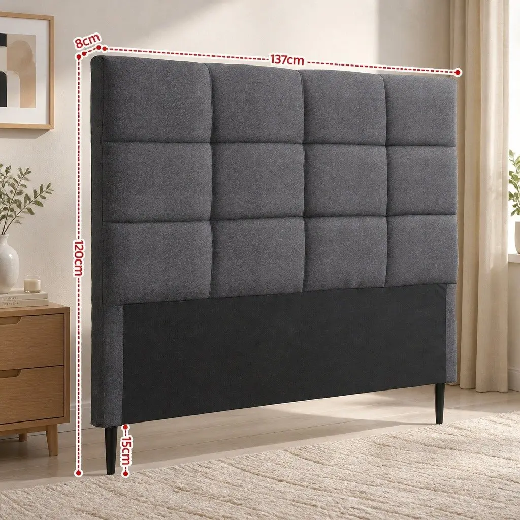 Double Bed Headboard Linen Fabric Grid Tufted Pattern Charcoal 137cm