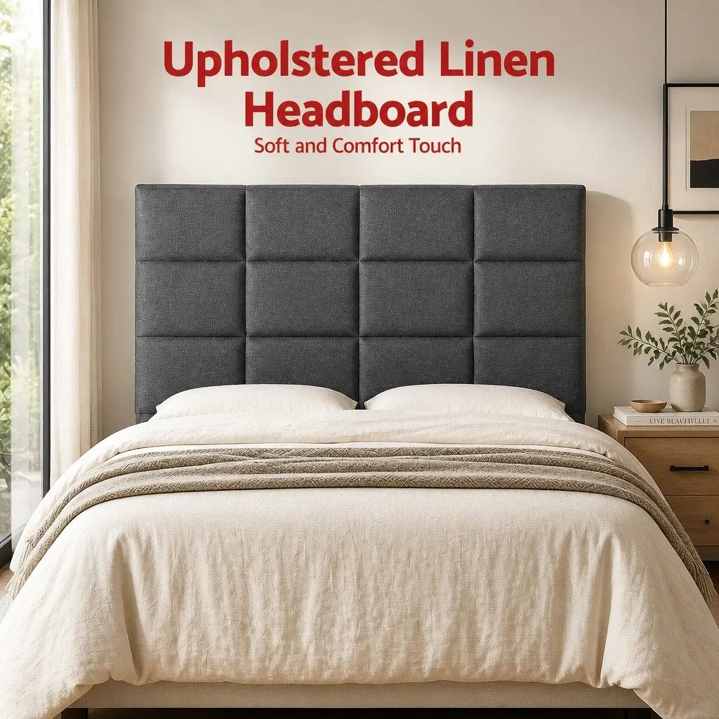 Double Bed Headboard Linen Fabric Grid Tufted Pattern Charcoal 137cm