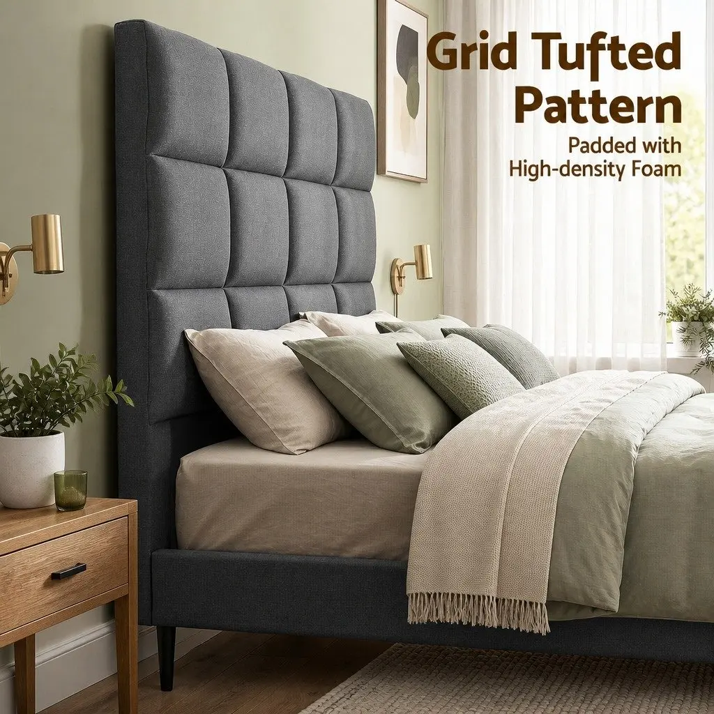 Queen Bed Headboard Linen Fabric Grid Tufted Pattern Charcoal Bedroom