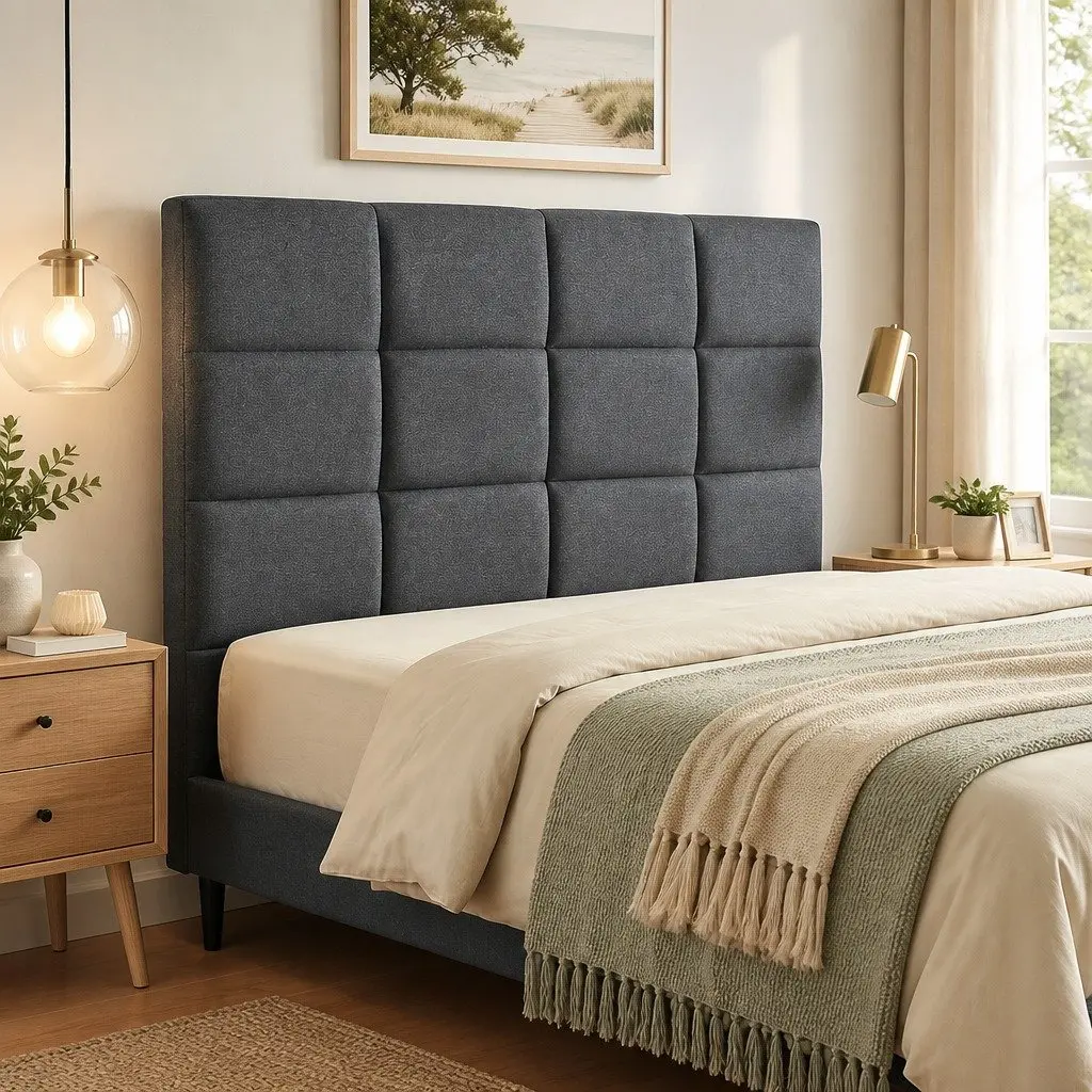 Queen Bed Headboard Linen Fabric Grid Tufted Pattern Charcoal Bedroom