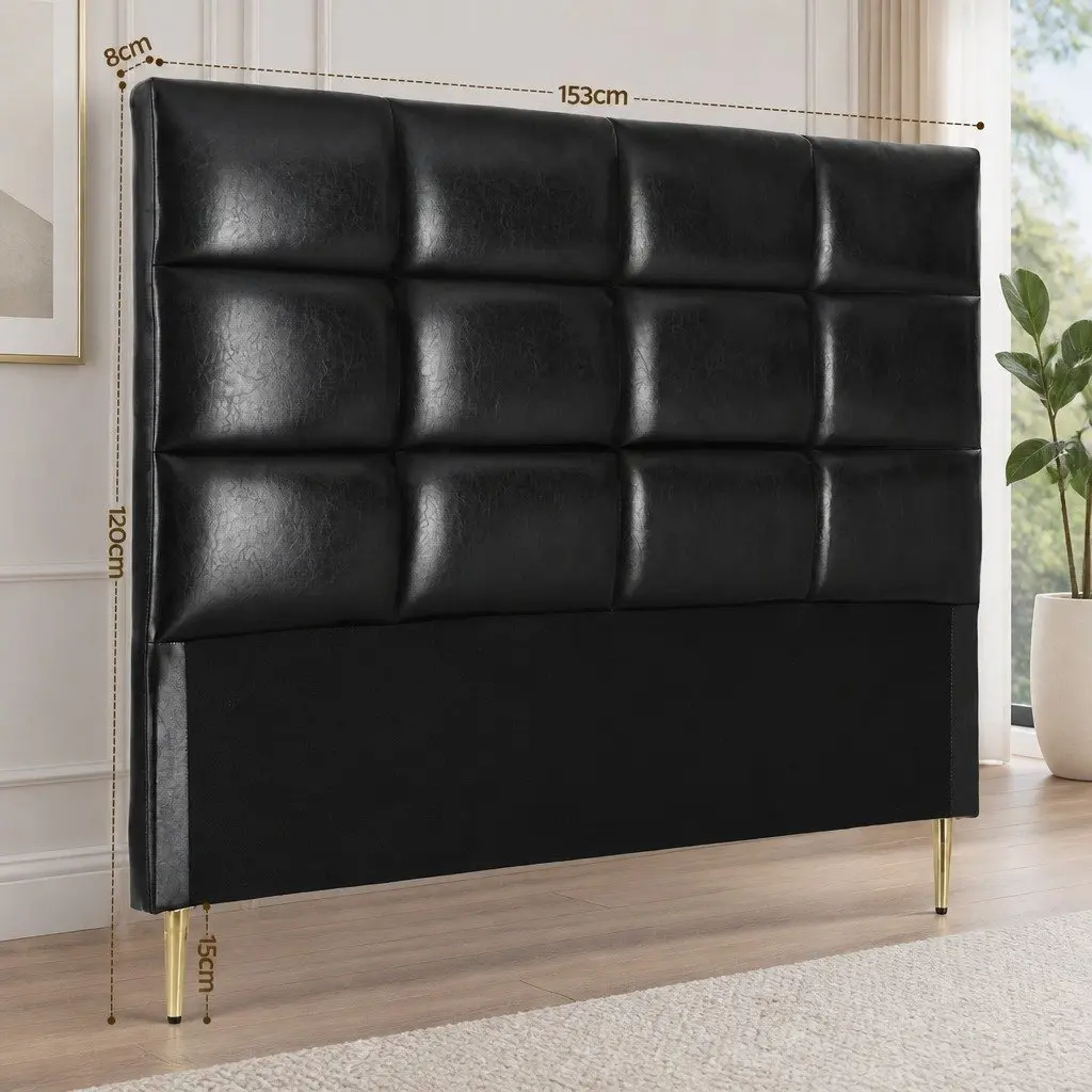 Queen Bed Headboard PU Leather Black Grid Tufted Padded Bedroom Headrest