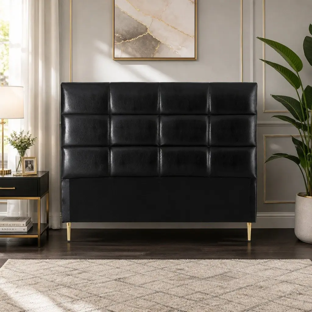 Queen Bed Headboard PU Leather Black Grid Tufted Padded Bedroom Headrest
