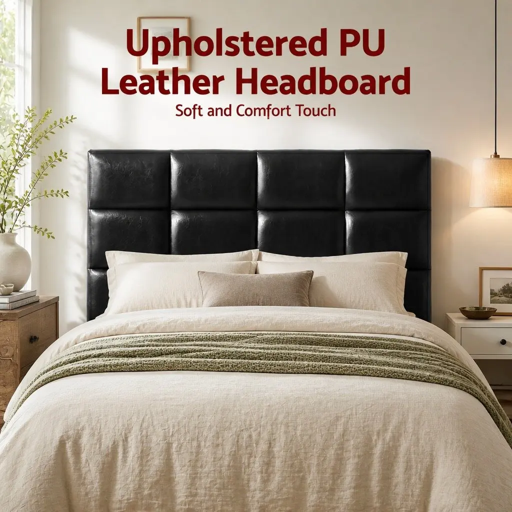 Queen Bed Headboard PU Leather Black Grid Tufted Padded Bedroom Headrest