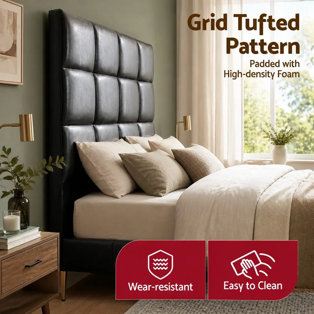 Queen Bed Headboard PU Leather Black Grid Tufted Padded Bedroom Headrest