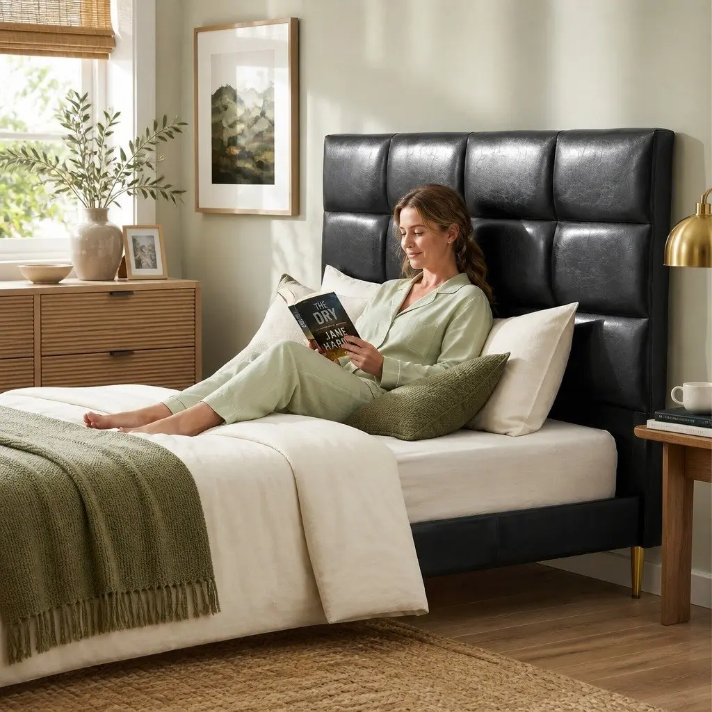 Queen Bed Headboard PU Leather Black Grid Tufted Padded Bedroom Headrest