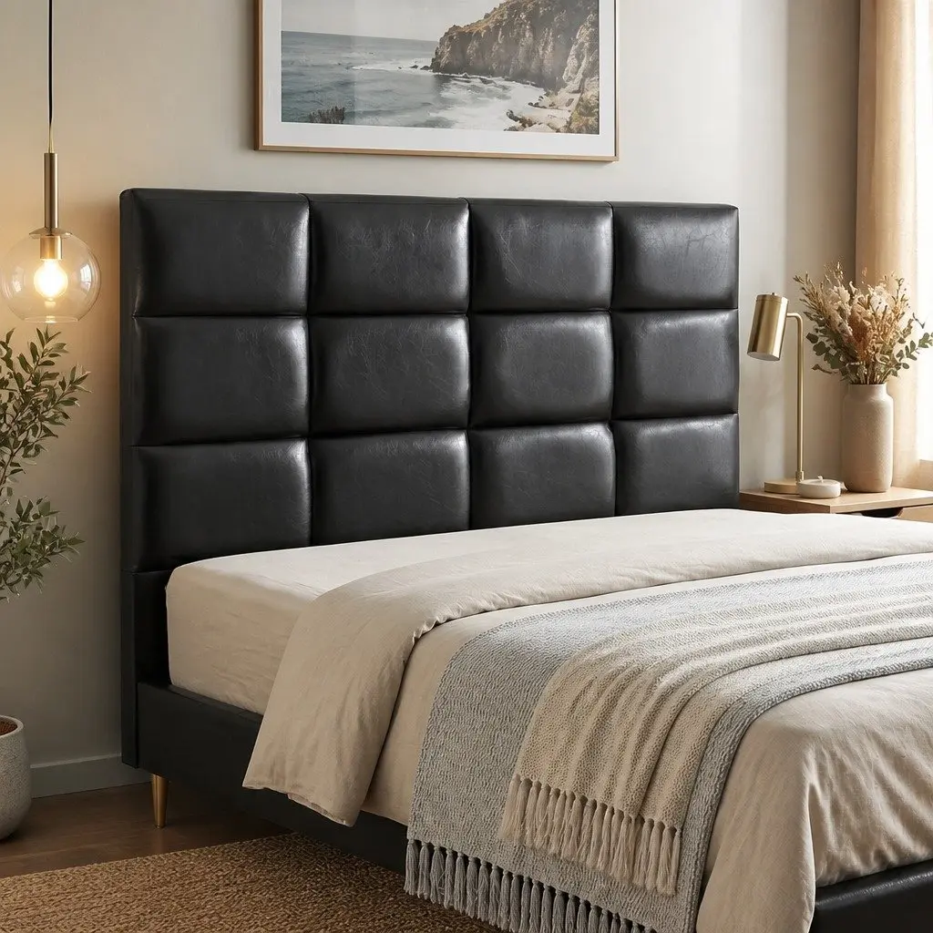 Queen Bed Headboard PU Leather Black Grid Tufted Padded Bedroom Headrest