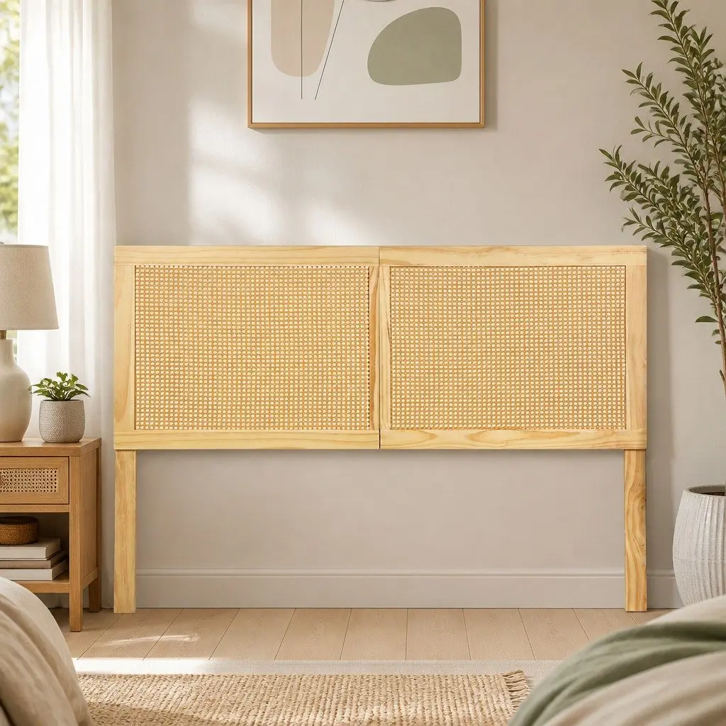 Double Bed Head Headboard Rattan Pine Natural Rustic Boho Bedroom Furniture
