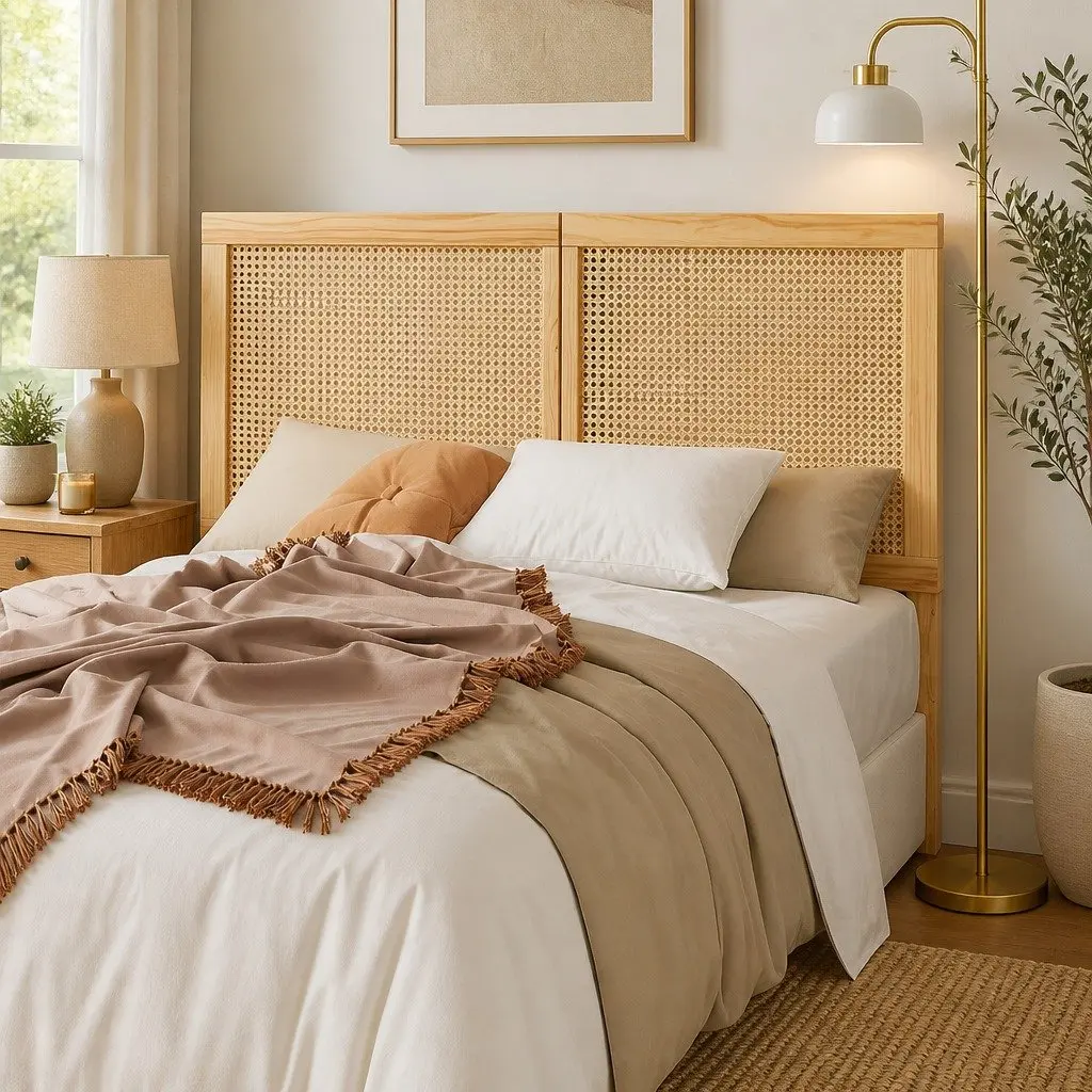 Double Bed Head Headboard Rattan Pine Natural Rustic Boho Bedroom Furniture
