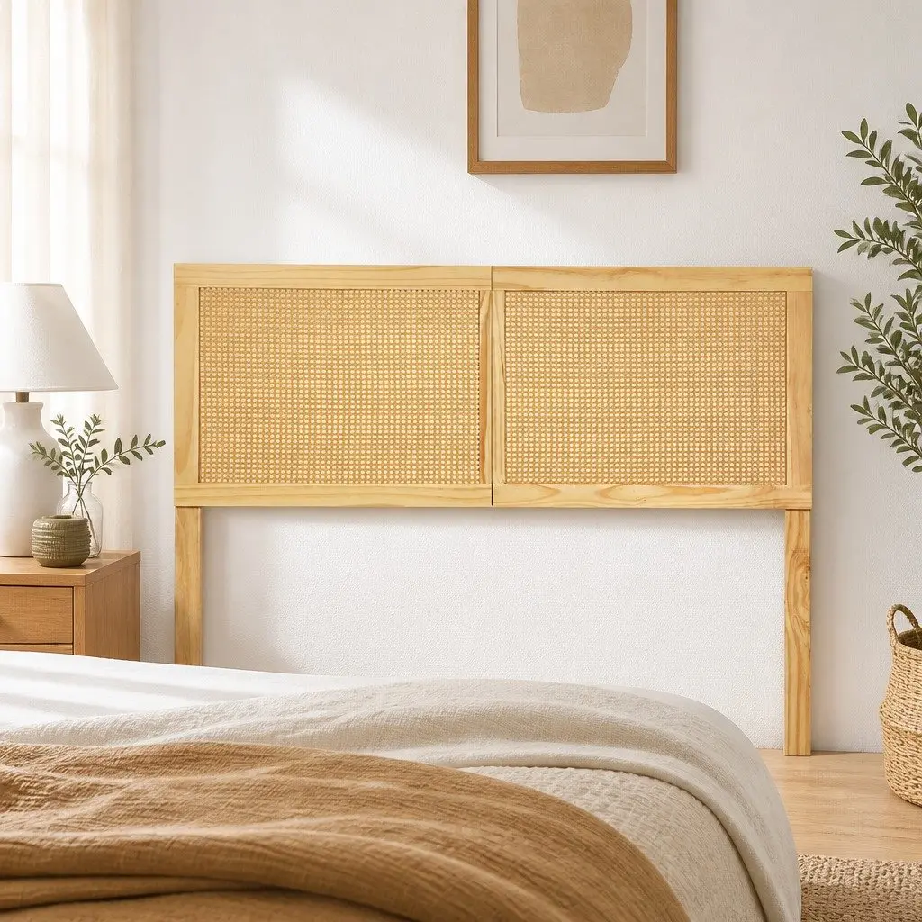 Queen Bed Headboard Rattan Pine Natural Rustic Boho Style Easy Assembly