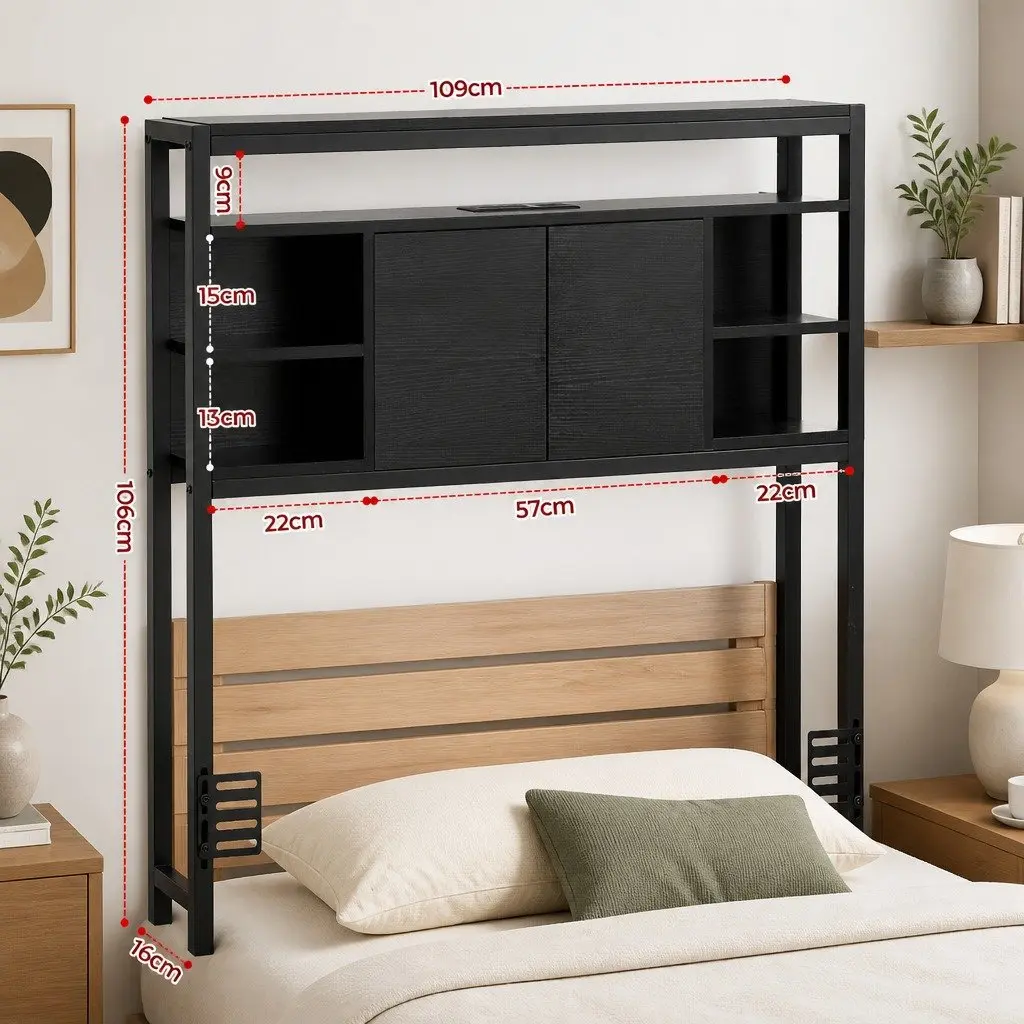 King Single Bed Headboard Black Storage Compartment Charging Station