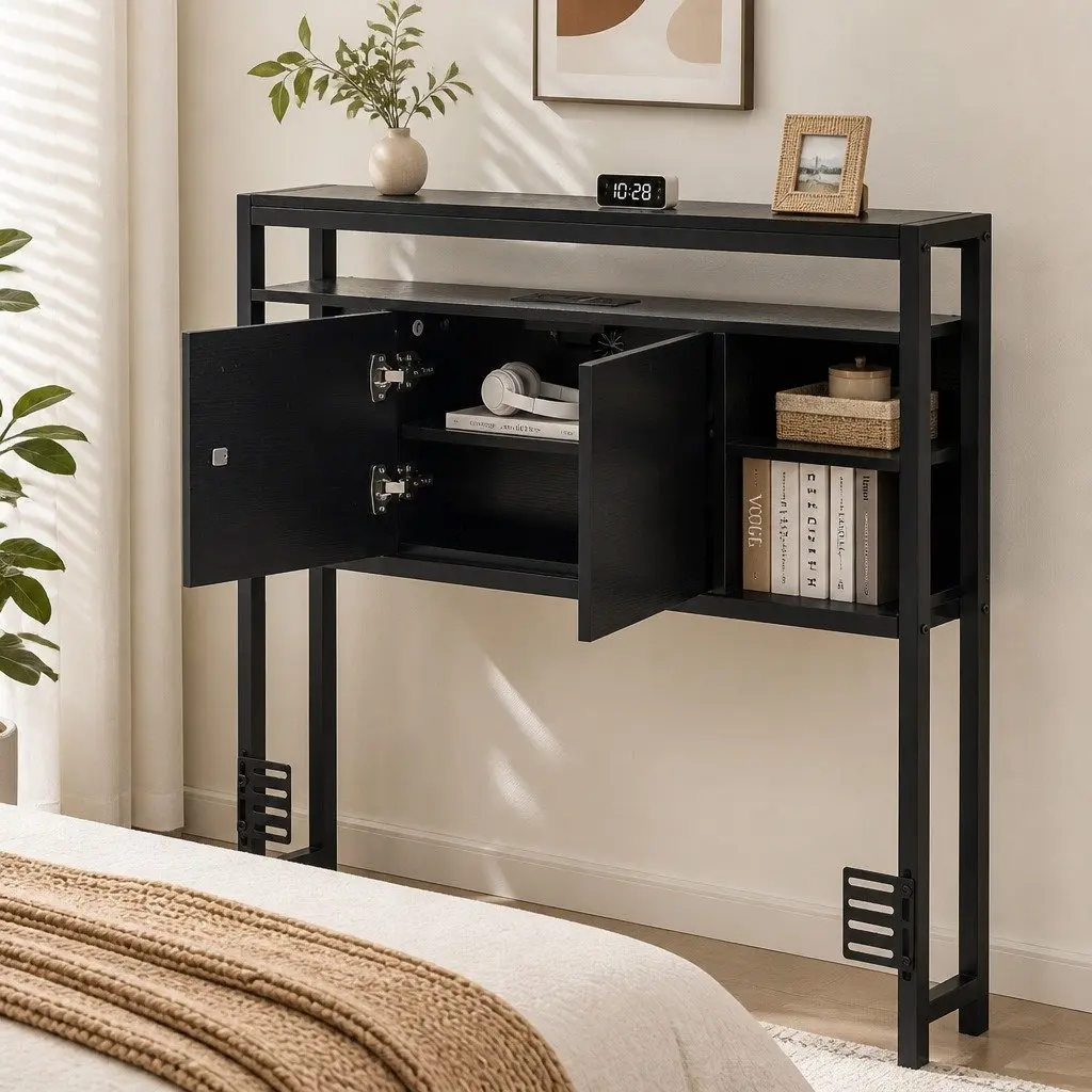 King Single Bed Headboard Black Storage Compartment Charging Station