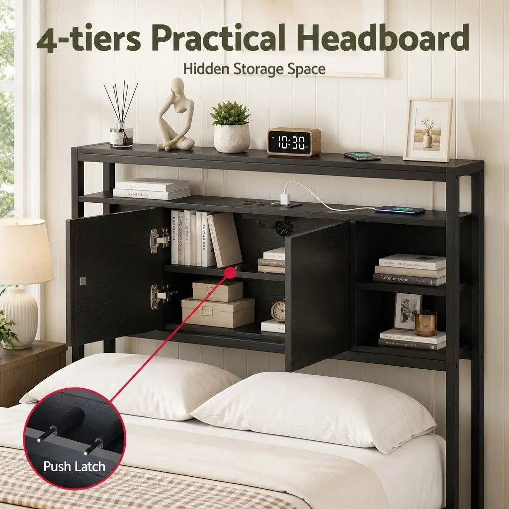 King Single Bed Headboard Black Storage Compartment Charging Station