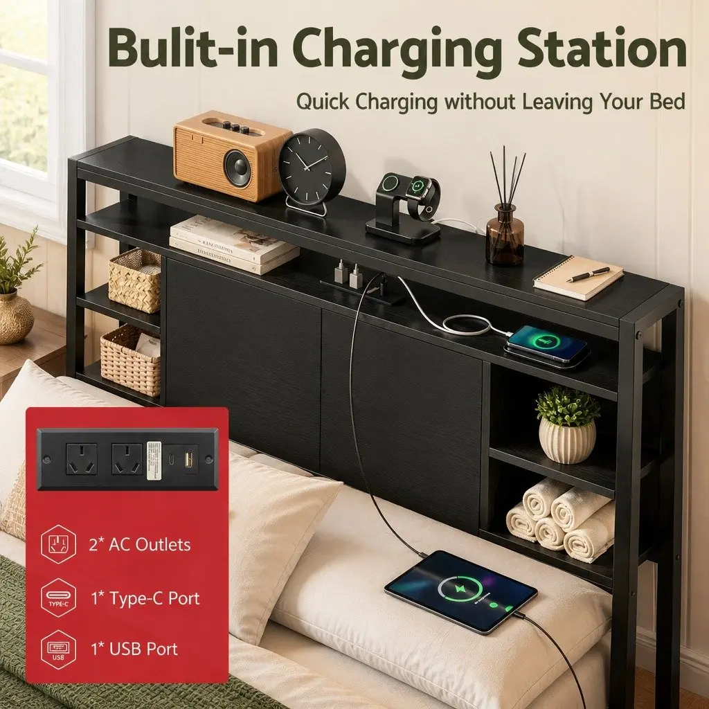 King Single Bed Headboard Black Storage Compartment Charging Station