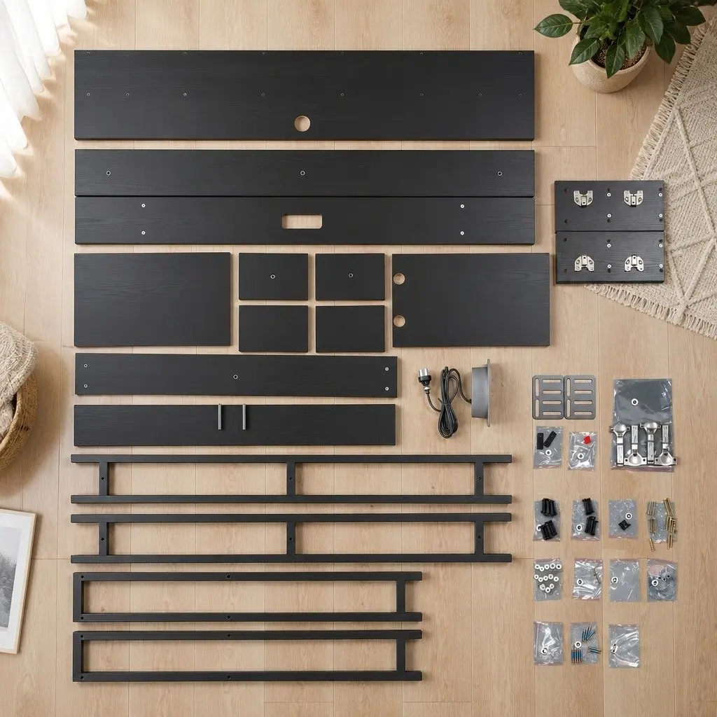 King Single Bed Headboard Black Storage Compartment Charging Station