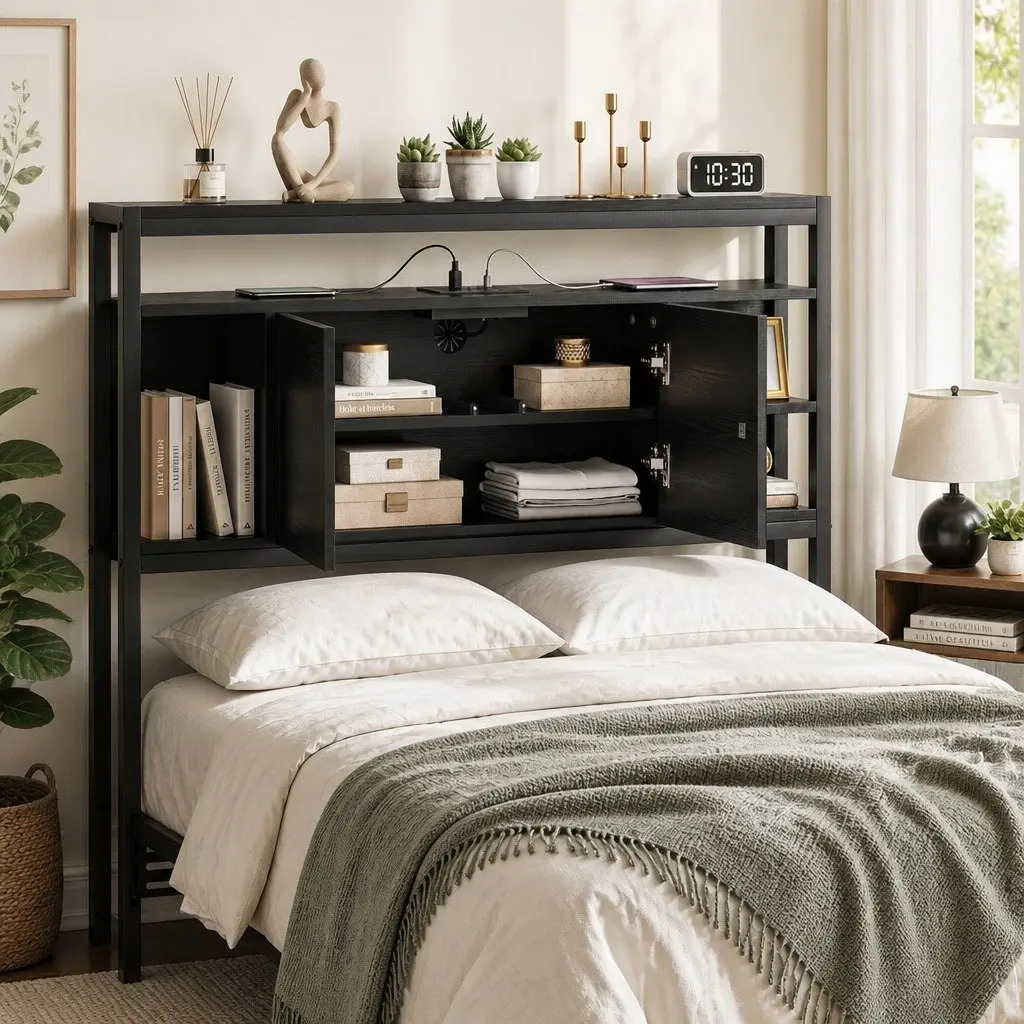 King Single Bed Headboard Black Storage Compartment Charging Station
