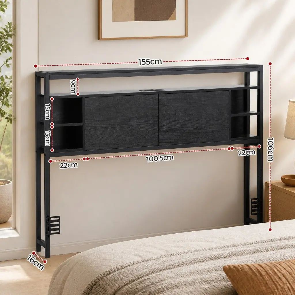 Queen Bed Headboard Black with Storage Charging Station Open Shelves