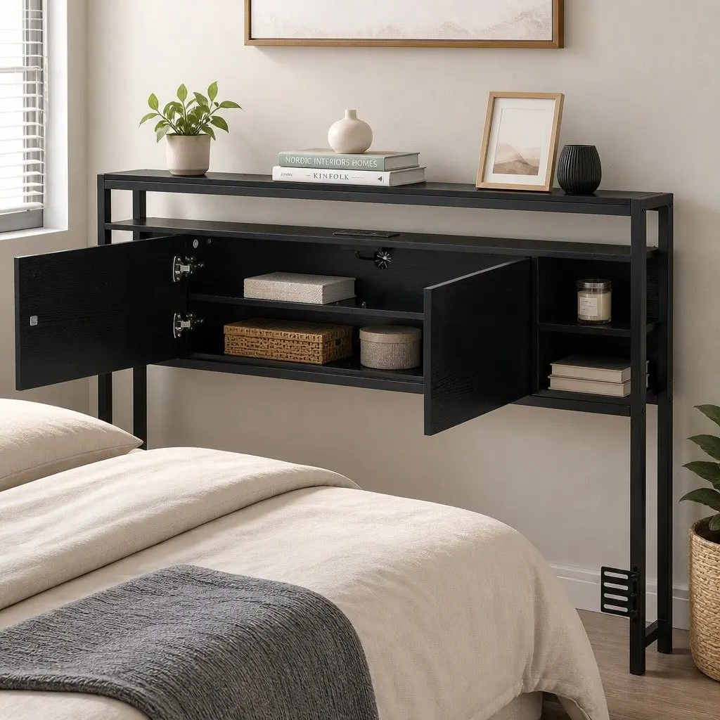 Queen Bed Headboard Black with Storage Charging Station Open Shelves