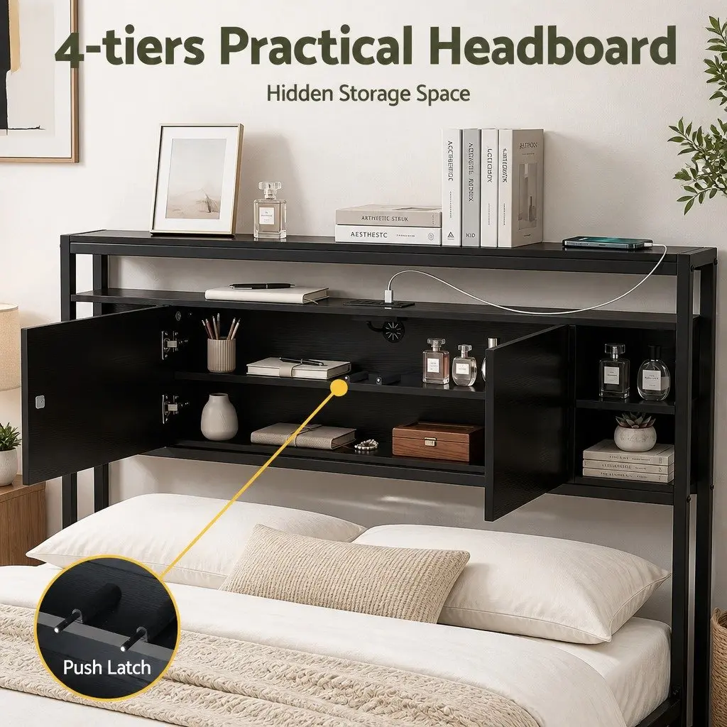 Queen Bed Headboard Black with Storage Charging Station Open Shelves