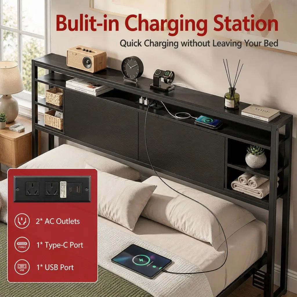 Queen Bed Headboard Black with Storage Charging Station Open Shelves