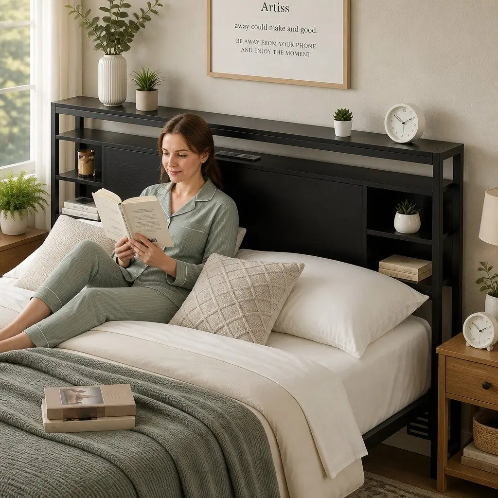 Queen Bed Headboard Black with Storage Charging Station Open Shelves