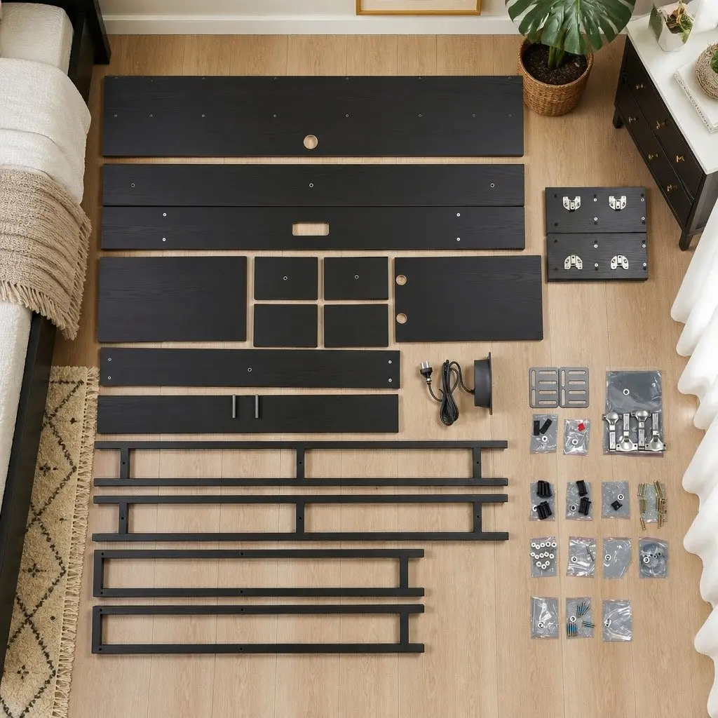 Queen Bed Headboard Black with Storage Charging Station Open Shelves