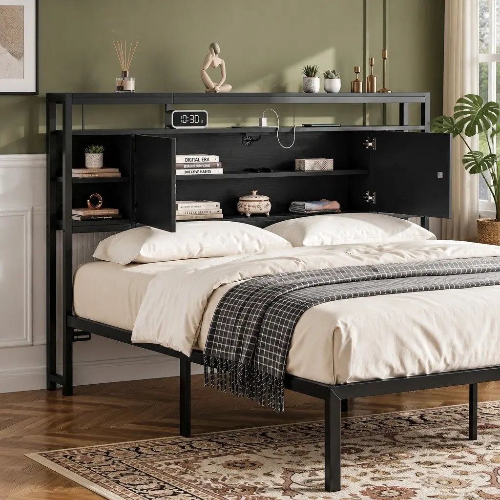 Queen Bed Headboard Black with Storage Charging Station Open Shelves