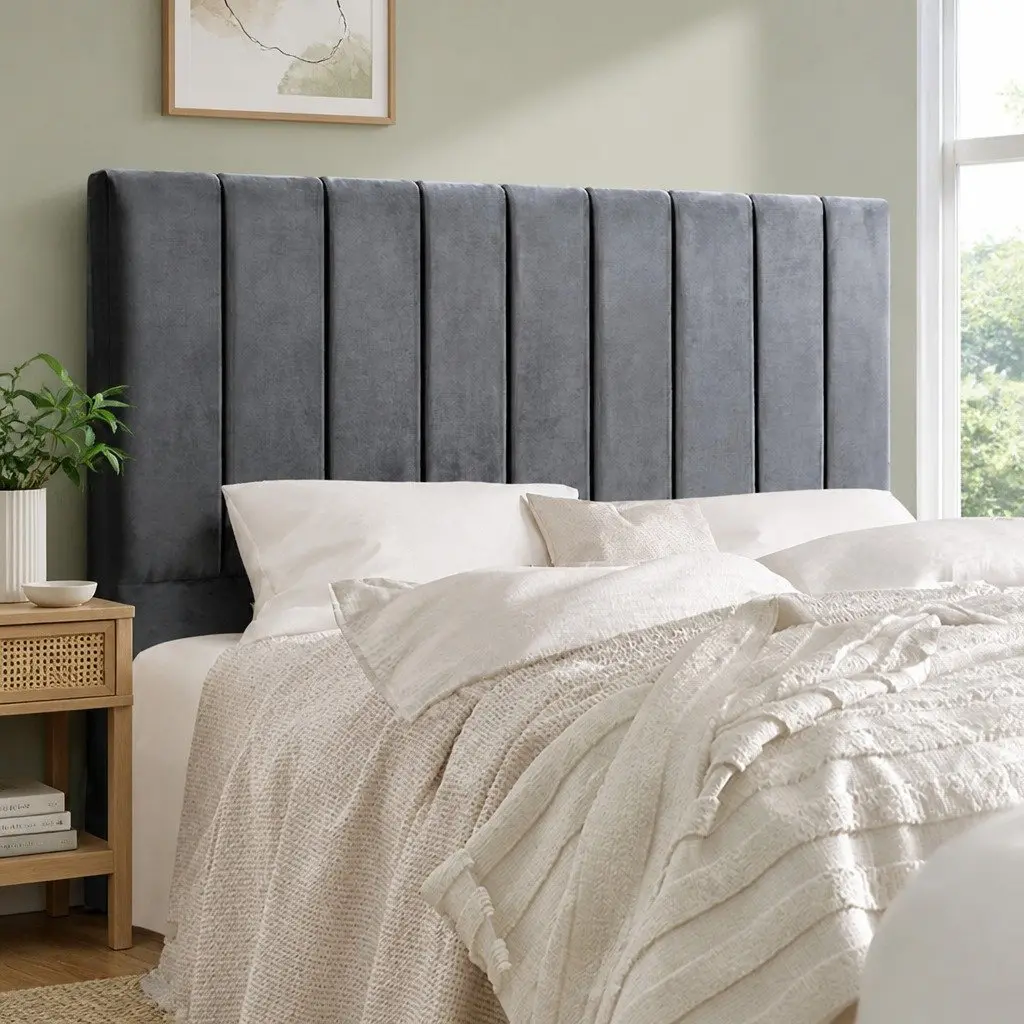 Double Bed Headboard in Grey Velvet Style