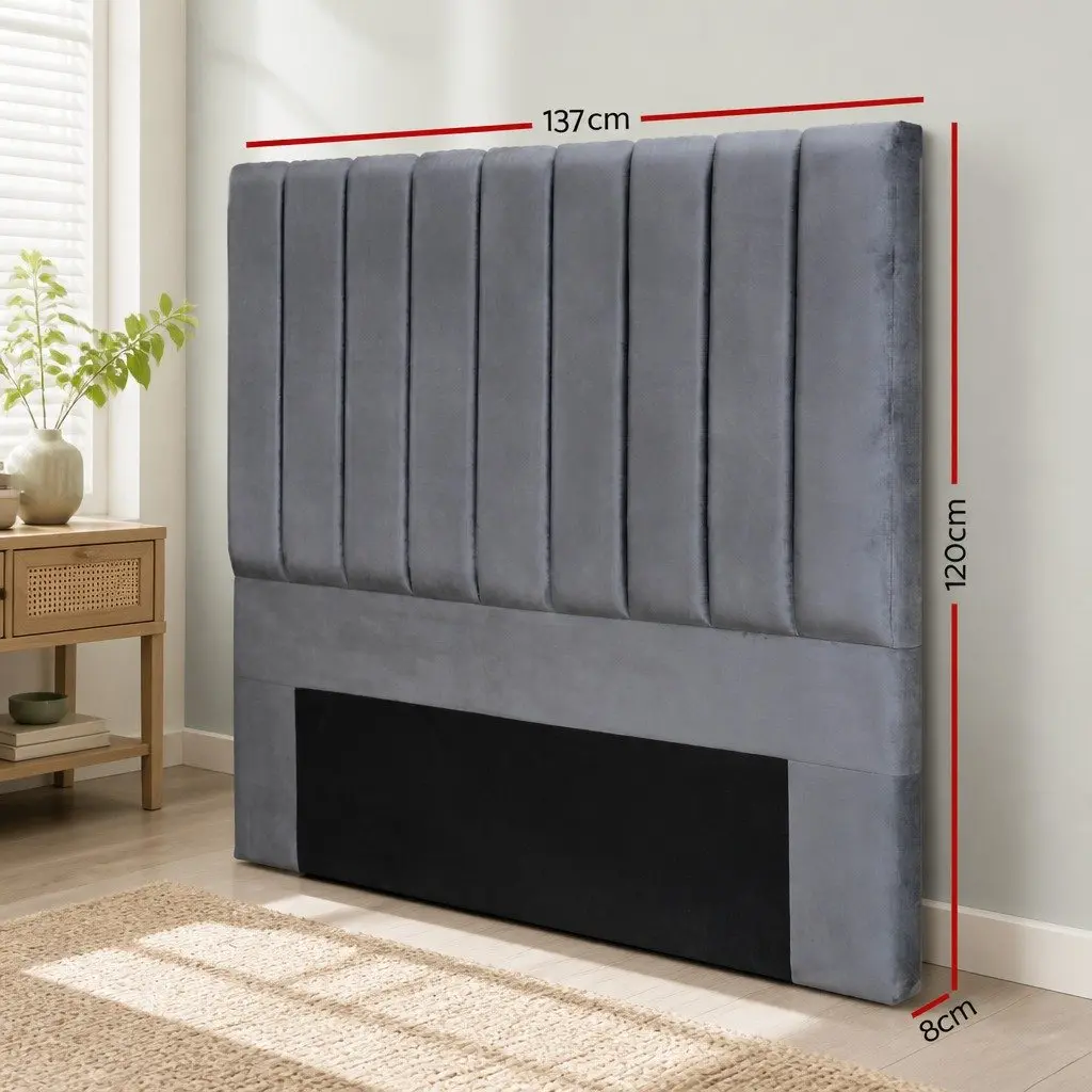 Double Bed Head Grey Velvet Upholstered Vertical Panel
