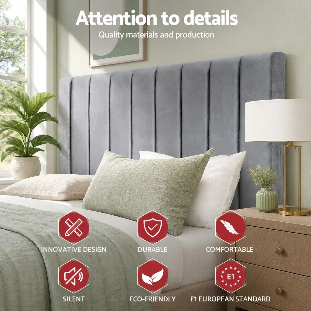 Double Bed Head Grey Velvet Upholstered Vertical Panel