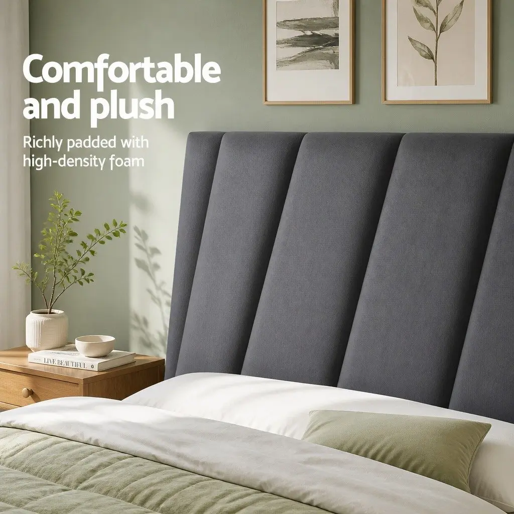 Double Bed Head Grey Velvet Upholstered Vertical Panel