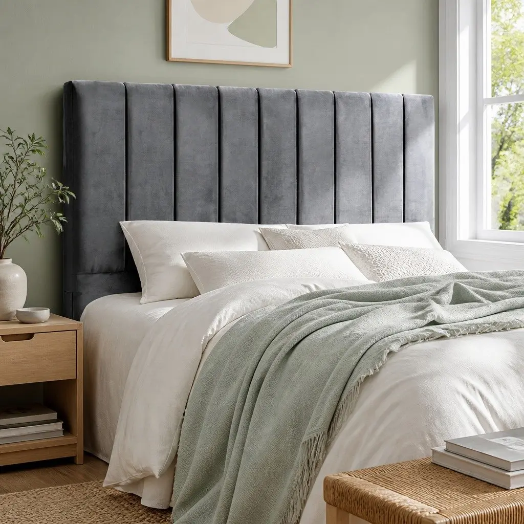 Double Bed Head Grey Velvet Upholstered Vertical Panel