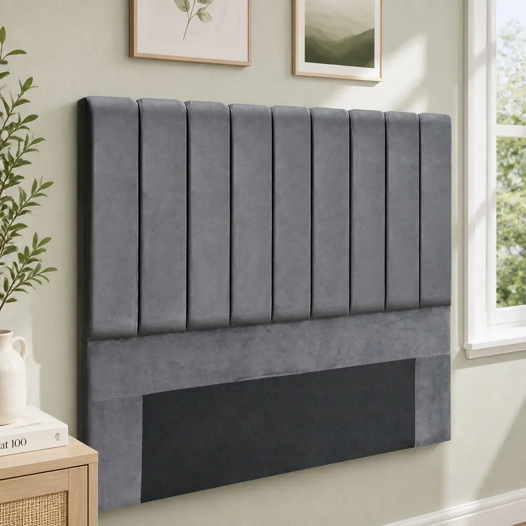 Double Bed Head Grey Velvet Upholstered Vertical Panel