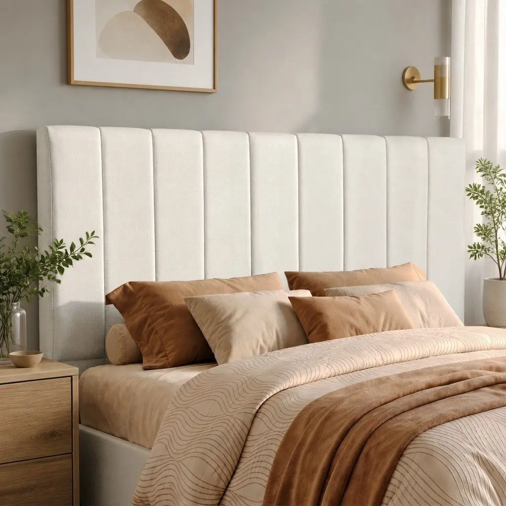 Linen Fabric Bed Headboard Queen Size 153cm Beige Vertical Stripe Design