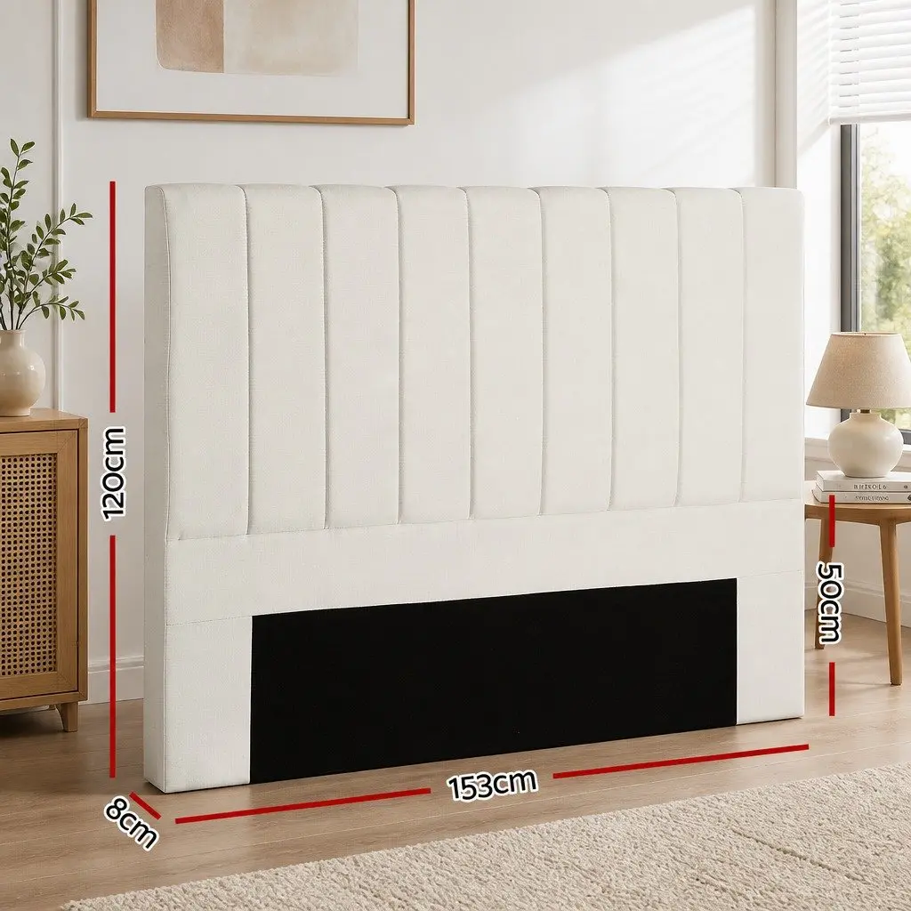 Linen Fabric Bed Headboard Queen Size 153cm Beige Vertical Stripe Design