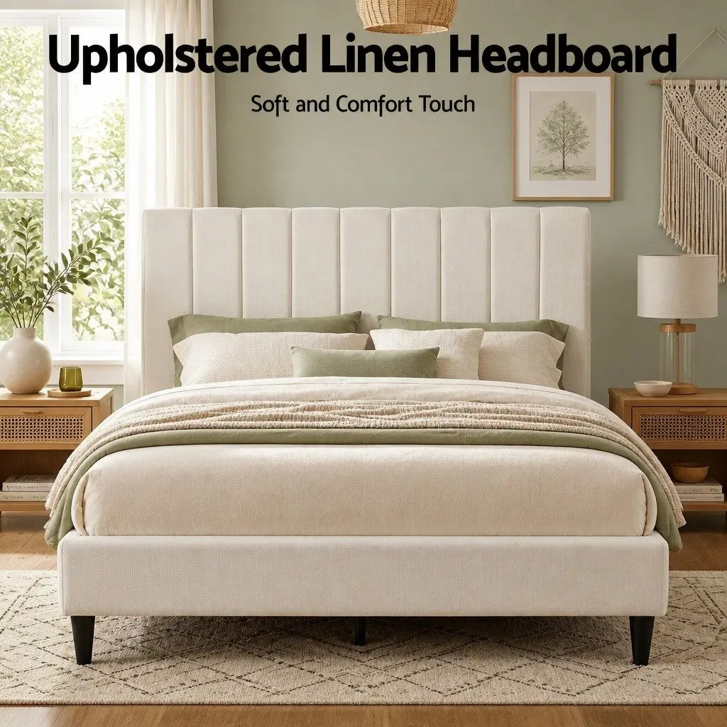 Linen Fabric Bed Headboard Queen Size 153cm Beige Vertical Stripe Design