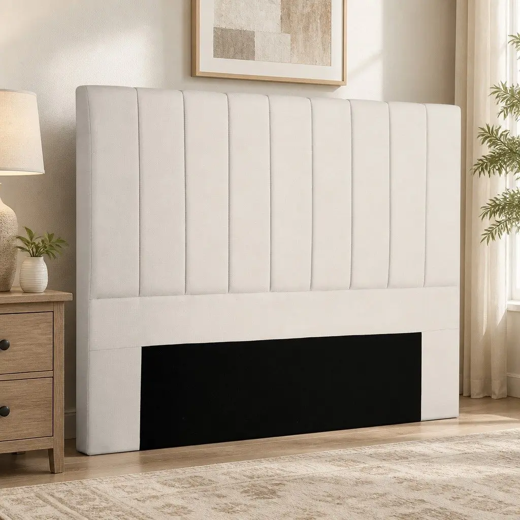 Linen Fabric Bed Headboard Queen Size 153cm Beige Vertical Stripe Design