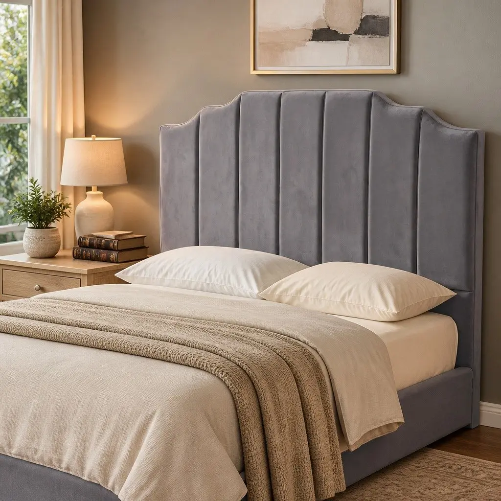 Grey Velvet Art Deco Headboard for Double Beds