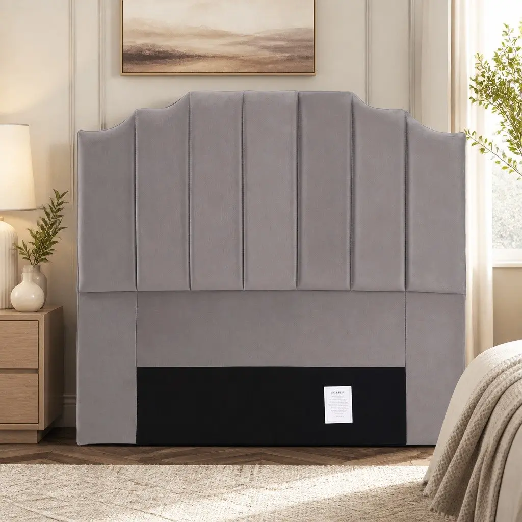Double Bed Headboard 138cm Grey Velvet Art Deco Vertical Stripe Design