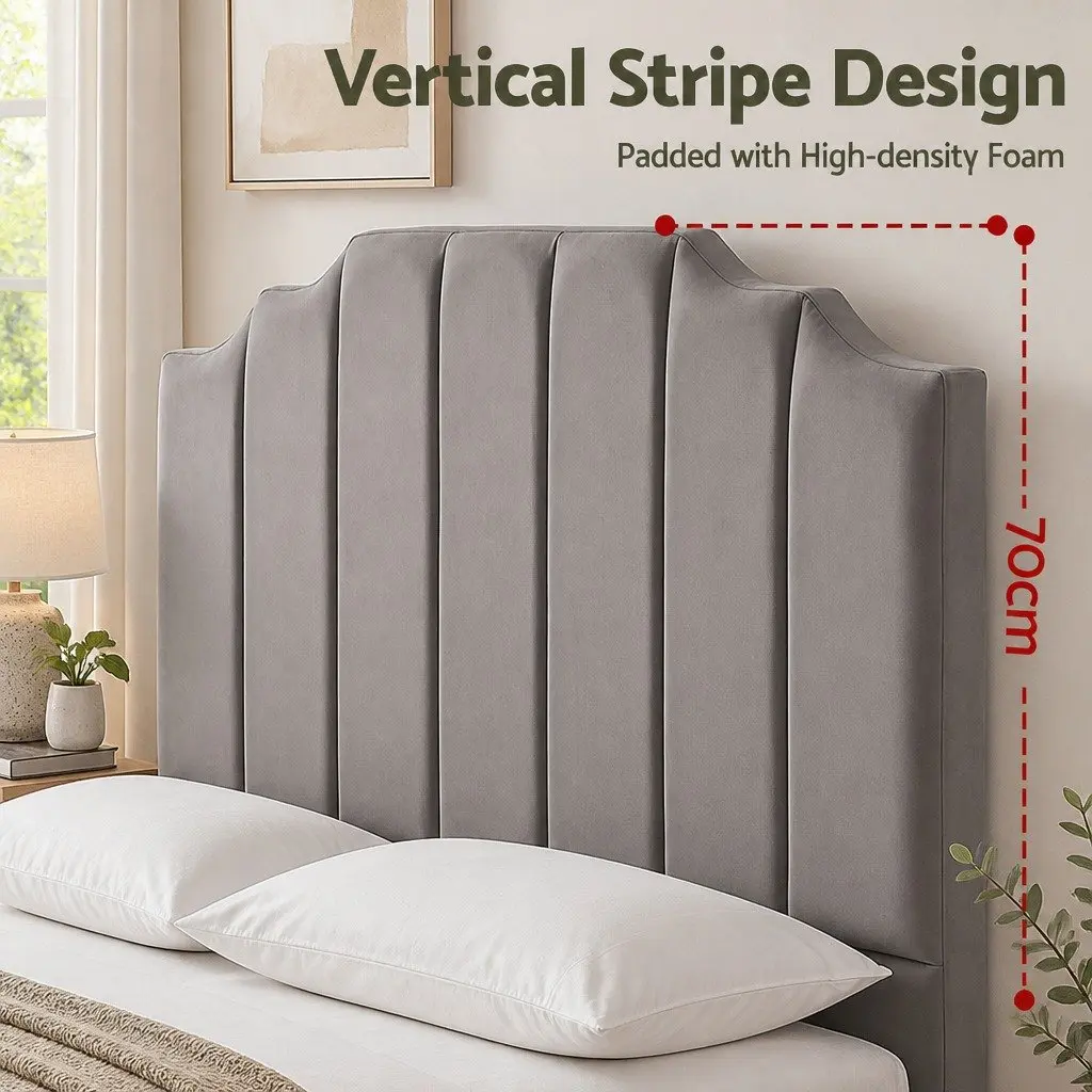 Double Bed Headboard 138cm Grey Velvet Art Deco Vertical Stripe Design
