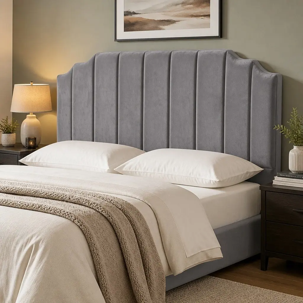 King Size Bed Headboard in Grey Velvet