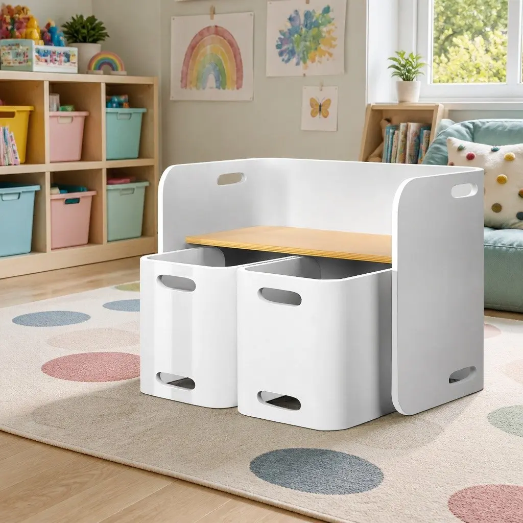 Kids Table and Chairs Set White Nature 3-Piece Multifunctional Storage Desk